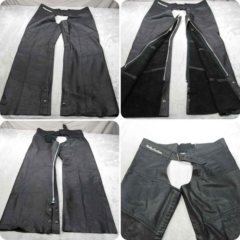 Harley Davidson Chaps Men XL Black Genuine Leather Moto Riding Heavy 32" VTG 90s